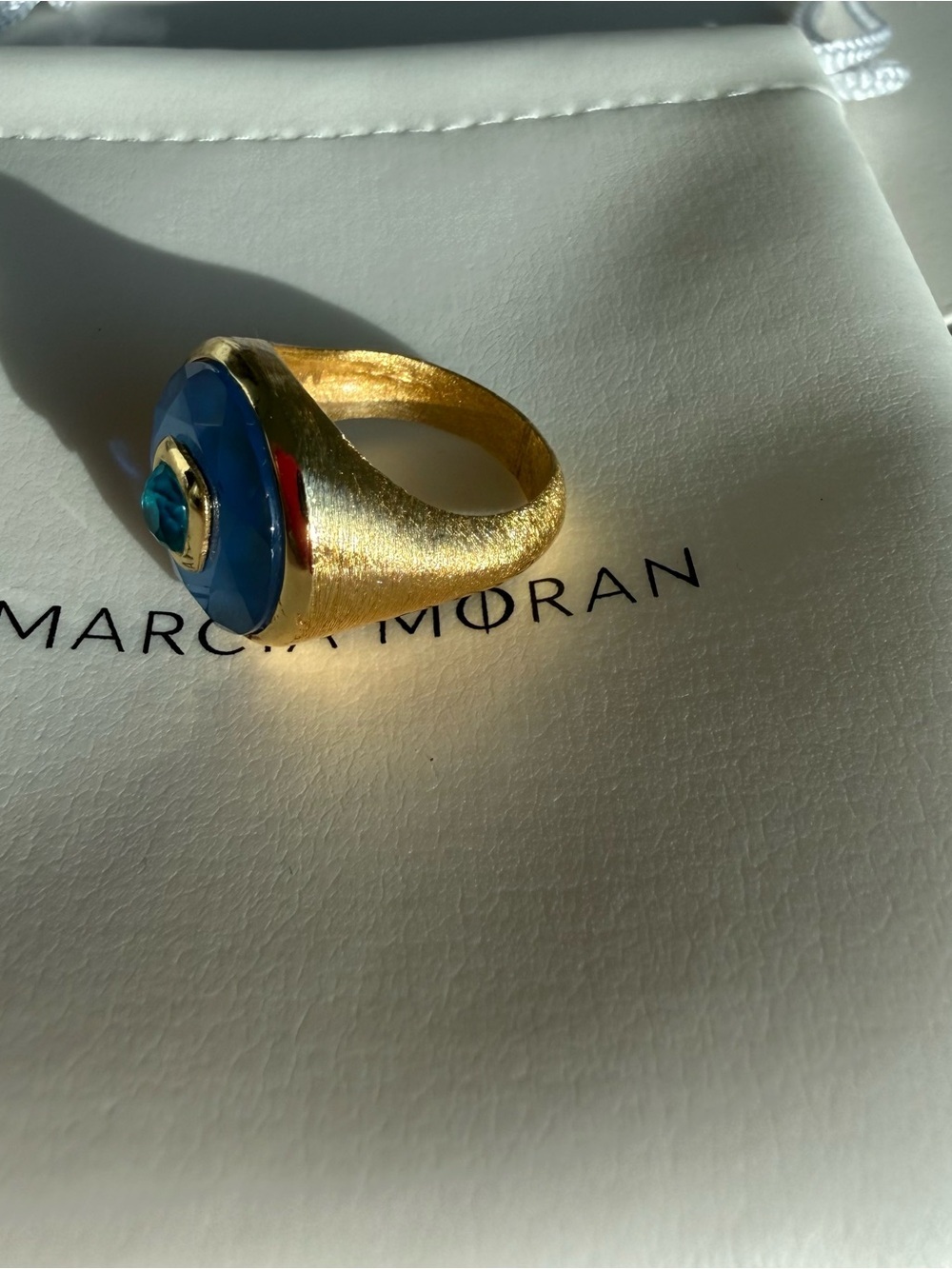 Gold Ring with Pale Blue Chalcedony and Teal Accent - Picture 3 of 3